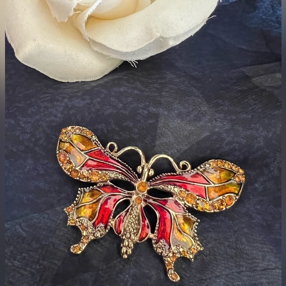 Vintage Monet Butterfly pin brooch gold tone red enamel amber color‎ rhinestones